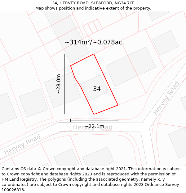 34, HERVEY ROAD, SLEAFORD, NG34 7LT: Plot and title map