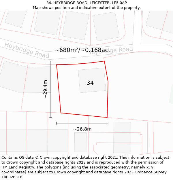 34, HEYBRIDGE ROAD, LEICESTER, LE5 0AP: Plot and title map