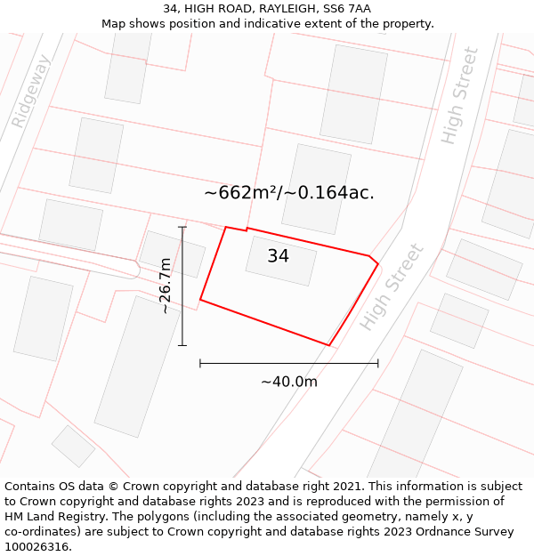 34, HIGH ROAD, RAYLEIGH, SS6 7AA: Plot and title map