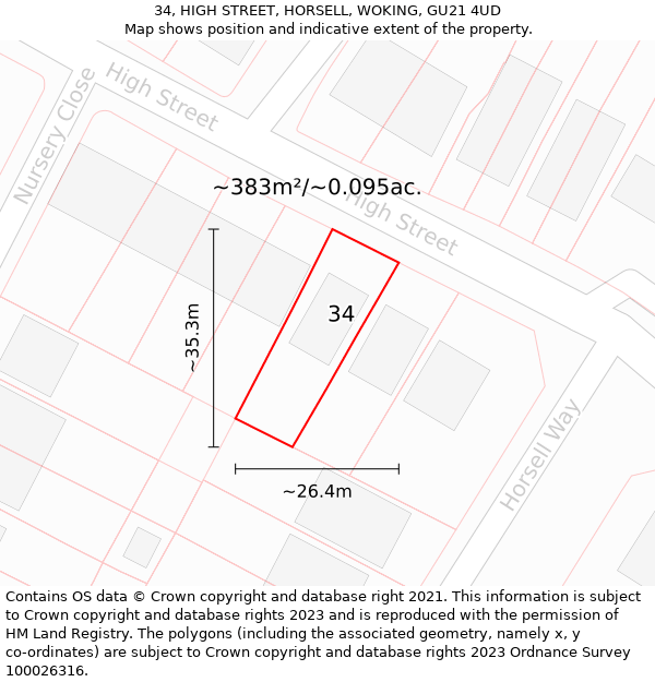 34, HIGH STREET, HORSELL, WOKING, GU21 4UD: Plot and title map