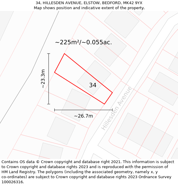 34, HILLESDEN AVENUE, ELSTOW, BEDFORD, MK42 9YX: Plot and title map