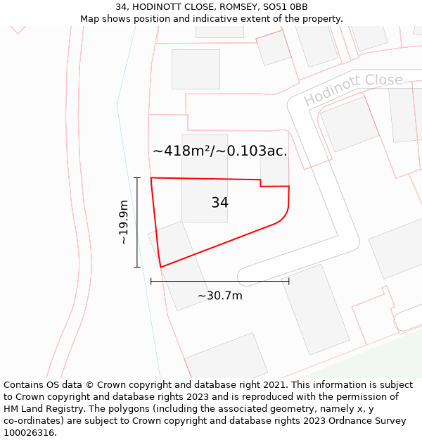 34, HODINOTT CLOSE, ROMSEY, SO51 0BB: Plot and title map