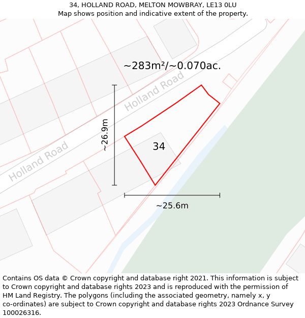 34, HOLLAND ROAD, MELTON MOWBRAY, LE13 0LU: Plot and title map