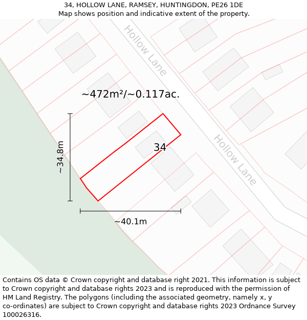 34, HOLLOW LANE, RAMSEY, HUNTINGDON, PE26 1DE: Plot and title map