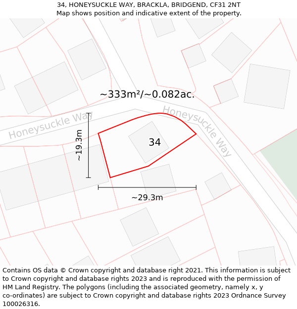 34, HONEYSUCKLE WAY, BRACKLA, BRIDGEND, CF31 2NT: Plot and title map