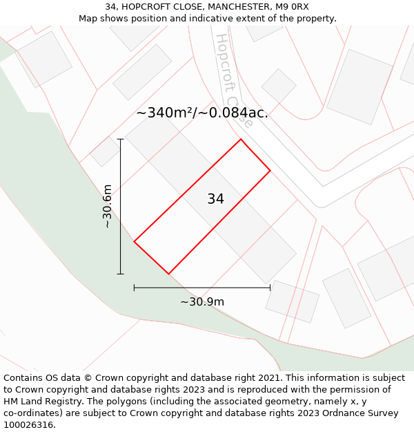 34, HOPCROFT CLOSE, MANCHESTER, M9 0RX: Plot and title map