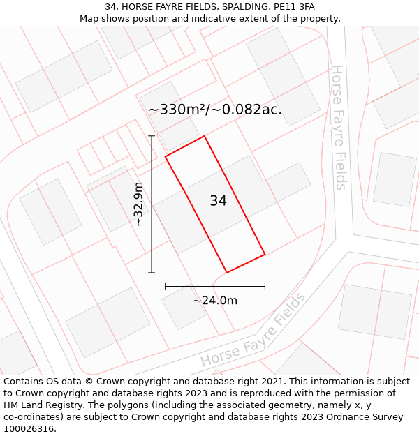 34, HORSE FAYRE FIELDS, SPALDING, PE11 3FA: Plot and title map