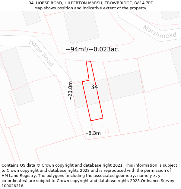 34, HORSE ROAD, HILPERTON MARSH, TROWBRIDGE, BA14 7PF: Plot and title map