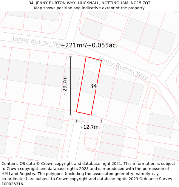 34, JENNY BURTON WAY, HUCKNALL, NOTTINGHAM, NG15 7QT: Plot and title map