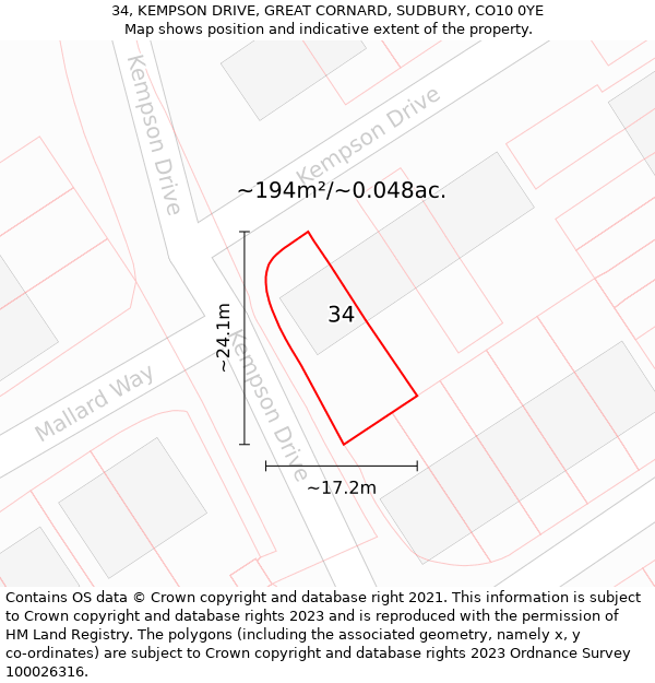 34, KEMPSON DRIVE, GREAT CORNARD, SUDBURY, CO10 0YE: Plot and title map