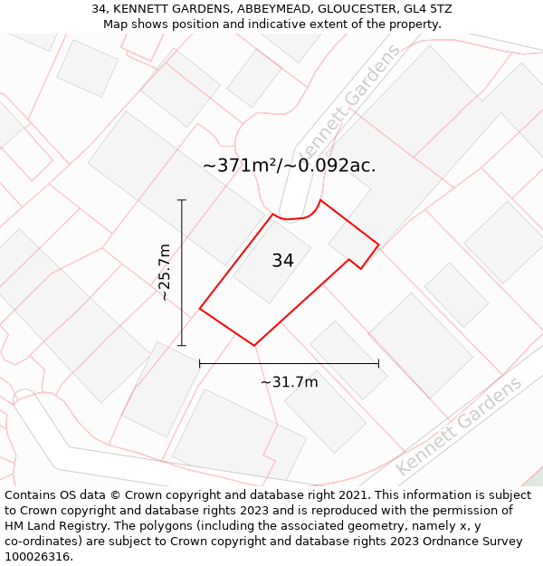 34, KENNETT GARDENS, ABBEYMEAD, GLOUCESTER, GL4 5TZ: Plot and title map