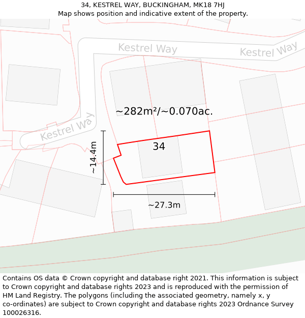 34, KESTREL WAY, BUCKINGHAM, MK18 7HJ: Plot and title map