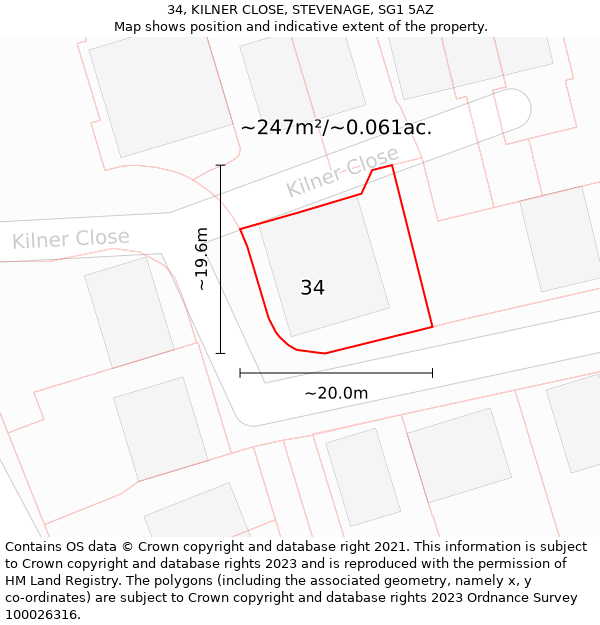 34, KILNER CLOSE, STEVENAGE, SG1 5AZ: Plot and title map