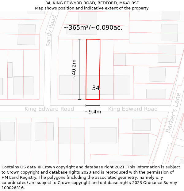 34, KING EDWARD ROAD, BEDFORD, MK41 9SF: Plot and title map