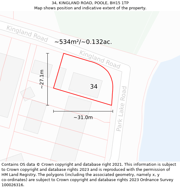 34, KINGLAND ROAD, POOLE, BH15 1TP: Plot and title map