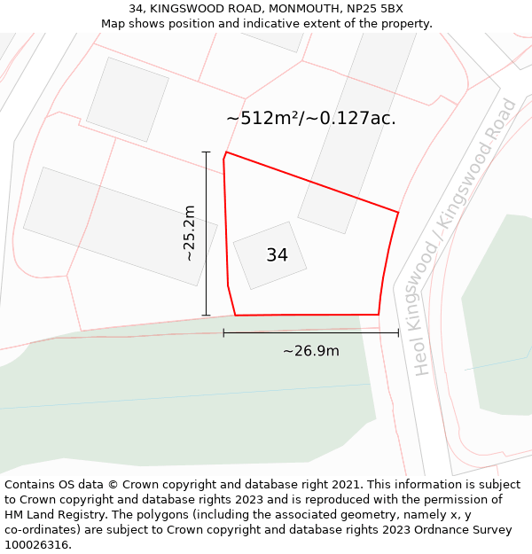 34, KINGSWOOD ROAD, MONMOUTH, NP25 5BX: Plot and title map