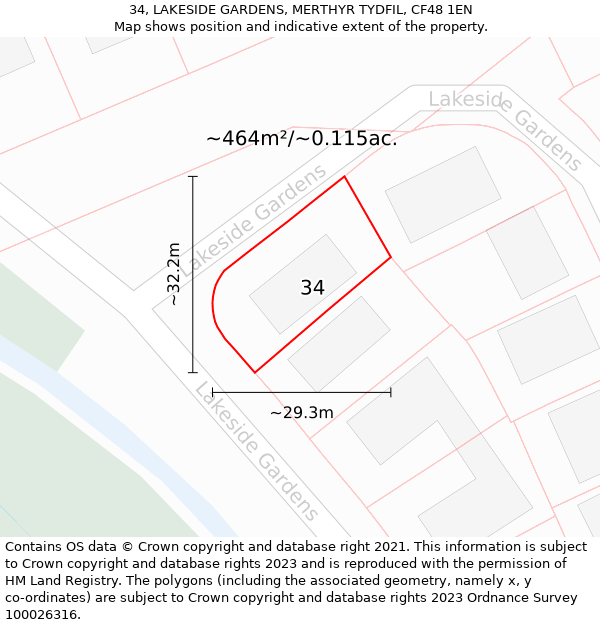 34, LAKESIDE GARDENS, MERTHYR TYDFIL, CF48 1EN: Plot and title map