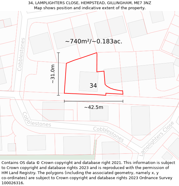 34, LAMPLIGHTERS CLOSE, HEMPSTEAD, GILLINGHAM, ME7 3NZ: Plot and title map