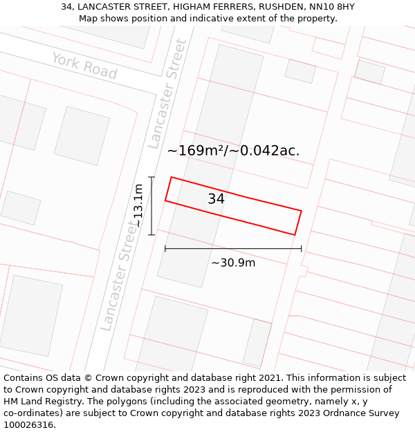 34, LANCASTER STREET, HIGHAM FERRERS, RUSHDEN, NN10 8HY: Plot and title map