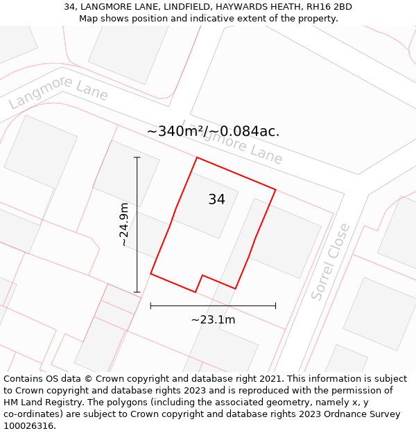 34, LANGMORE LANE, LINDFIELD, HAYWARDS HEATH, RH16 2BD: Plot and title map