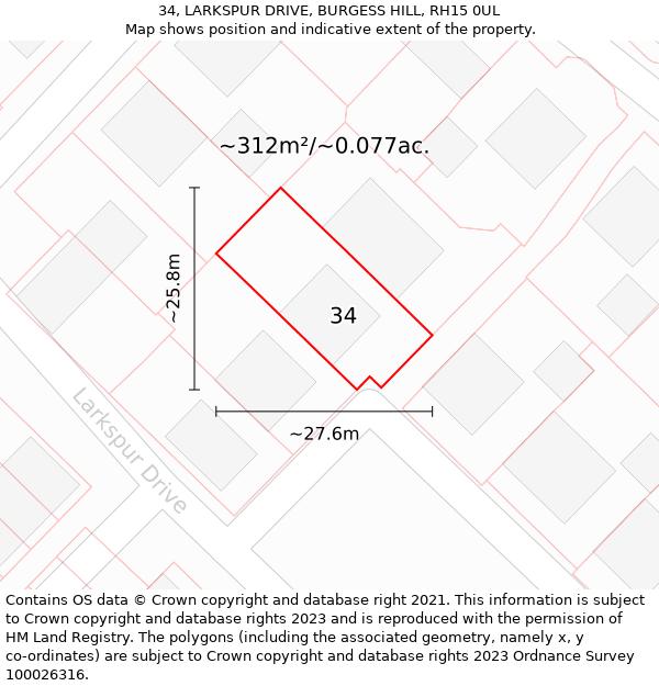 34, LARKSPUR DRIVE, BURGESS HILL, RH15 0UL: Plot and title map