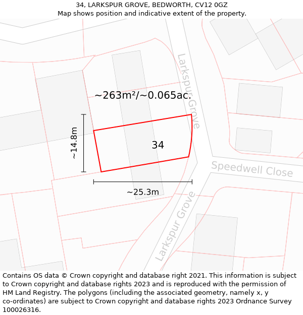 34, LARKSPUR GROVE, BEDWORTH, CV12 0GZ: Plot and title map