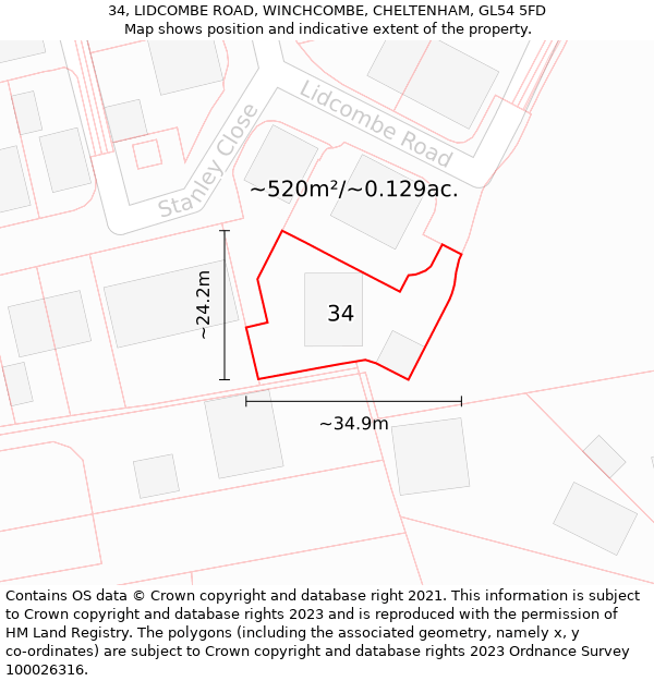 34, LIDCOMBE ROAD, WINCHCOMBE, CHELTENHAM, GL54 5FD: Plot and title map