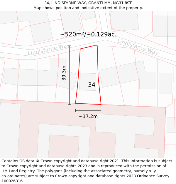 34, LINDISFARNE WAY, GRANTHAM, NG31 8ST: Plot and title map