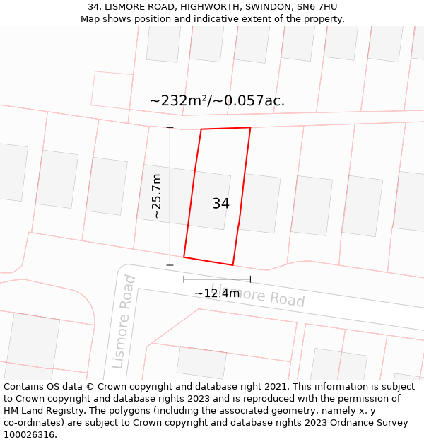 34, LISMORE ROAD, HIGHWORTH, SWINDON, SN6 7HU: Plot and title map