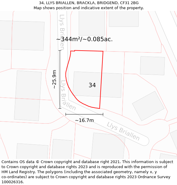 34, LLYS BRIALLEN, BRACKLA, BRIDGEND, CF31 2BG: Plot and title map