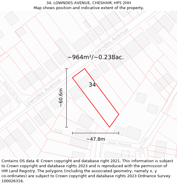 34, LOWNDES AVENUE, CHESHAM, HP5 2HH: Plot and title map