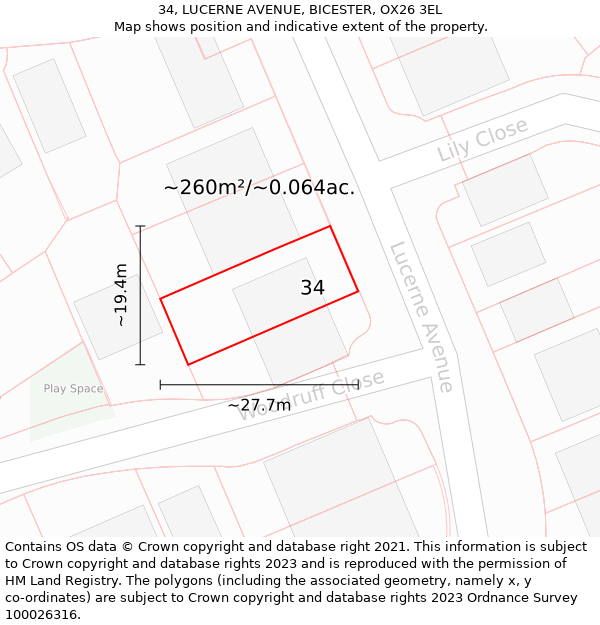 34, LUCERNE AVENUE, BICESTER, OX26 3EL: Plot and title map