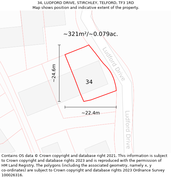 34, LUDFORD DRIVE, STIRCHLEY, TELFORD, TF3 1RD: Plot and title map