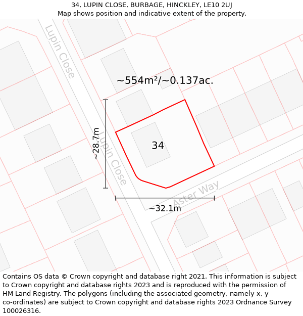 34, LUPIN CLOSE, BURBAGE, HINCKLEY, LE10 2UJ: Plot and title map