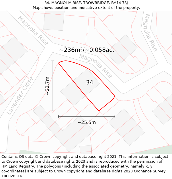 34, MAGNOLIA RISE, TROWBRIDGE, BA14 7SJ: Plot and title map