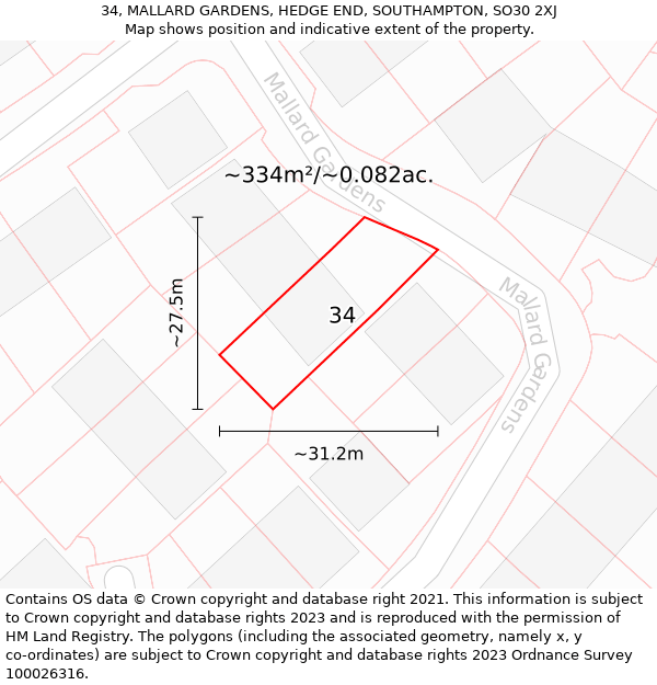 34, MALLARD GARDENS, HEDGE END, SOUTHAMPTON, SO30 2XJ: Plot and title map