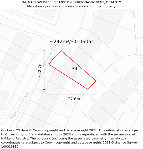 34, MARLOW DRIVE, BRANSTON, BURTON-ON-TRENT, DE14 3TX: Plot and title map