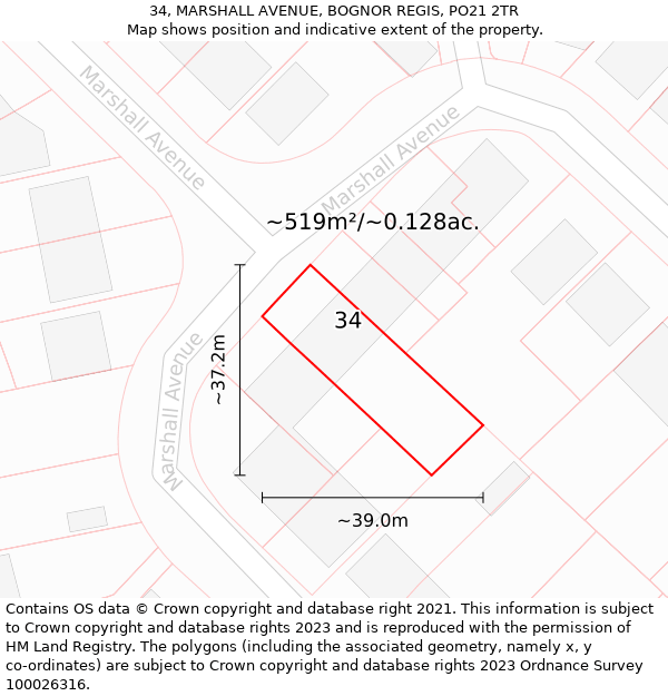 34, MARSHALL AVENUE, BOGNOR REGIS, PO21 2TR: Plot and title map