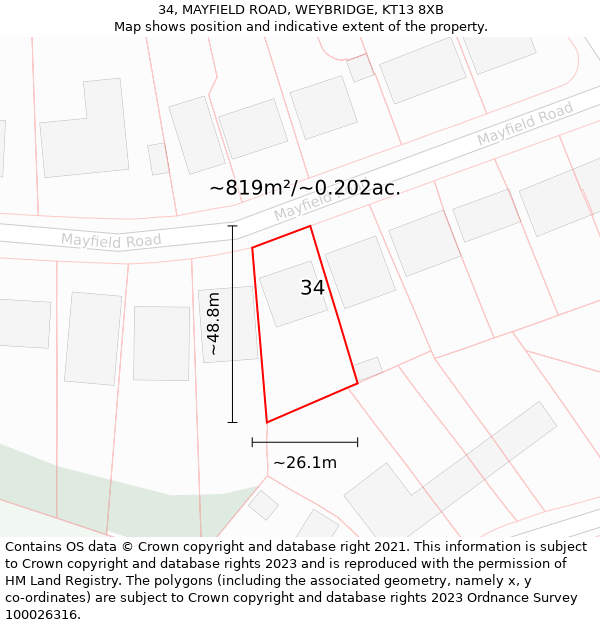 34, MAYFIELD ROAD, WEYBRIDGE, KT13 8XB: Plot and title map