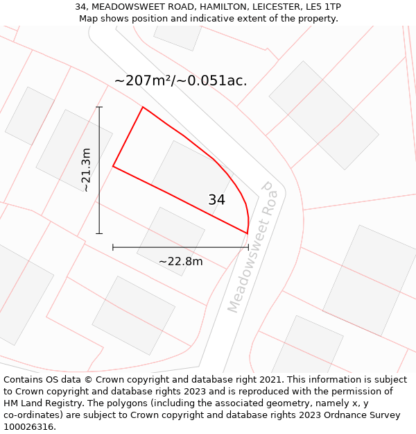 34, MEADOWSWEET ROAD, HAMILTON, LEICESTER, LE5 1TP: Plot and title map