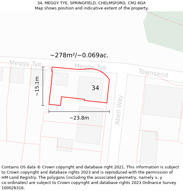 34, MEGGY TYE, SPRINGFIELD, CHELMSFORD, CM2 6GA: Plot and title map