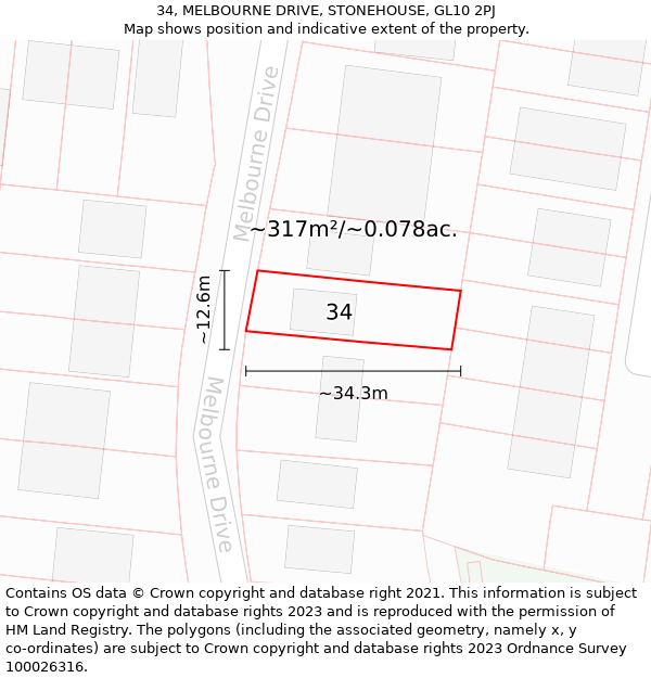 34, MELBOURNE DRIVE, STONEHOUSE, GL10 2PJ: Plot and title map