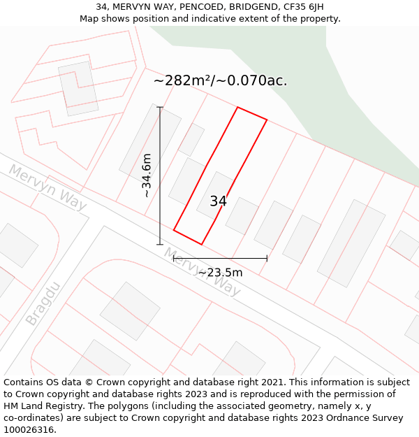 34, MERVYN WAY, PENCOED, BRIDGEND, CF35 6JH: Plot and title map