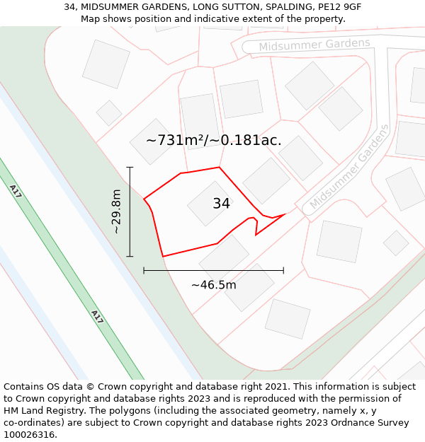 34, MIDSUMMER GARDENS, LONG SUTTON, SPALDING, PE12 9GF: Plot and title map