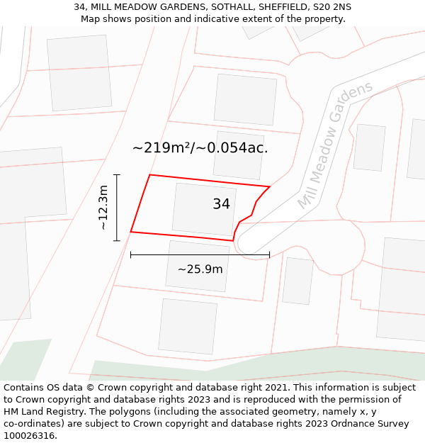 34, MILL MEADOW GARDENS, SOTHALL, SHEFFIELD, S20 2NS: Plot and title map