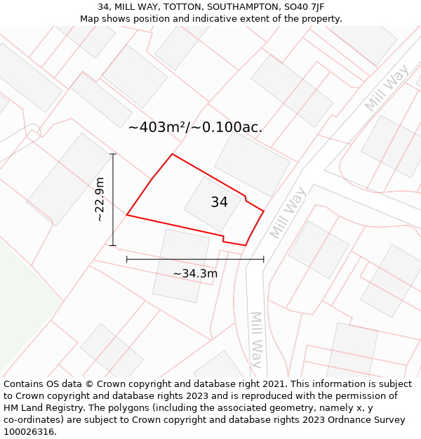 34, MILL WAY, TOTTON, SOUTHAMPTON, SO40 7JF: Plot and title map