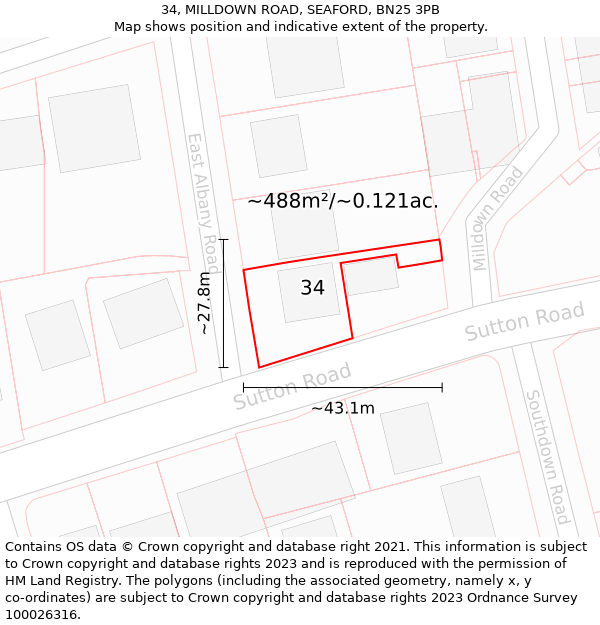 34, MILLDOWN ROAD, SEAFORD, BN25 3PB: Plot and title map