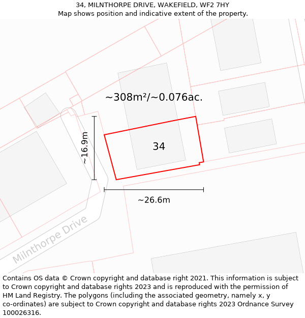 34, MILNTHORPE DRIVE, WAKEFIELD, WF2 7HY: Plot and title map