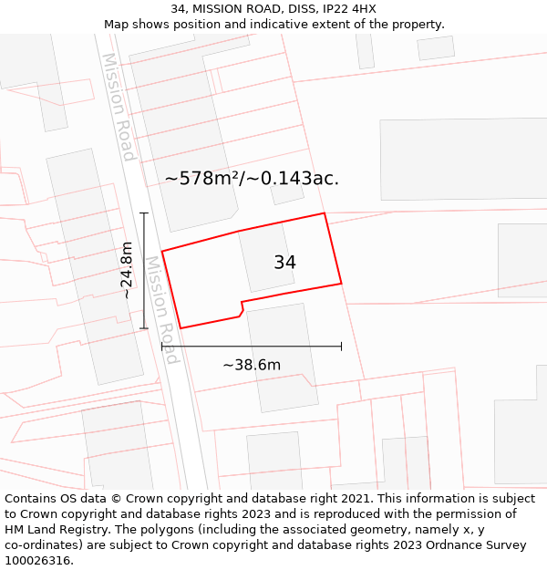 34, MISSION ROAD, DISS, IP22 4HX: Plot and title map