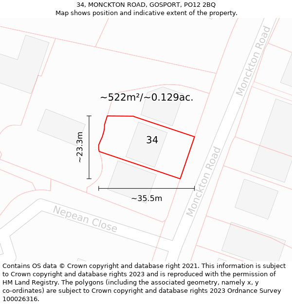 34, MONCKTON ROAD, GOSPORT, PO12 2BQ: Plot and title map